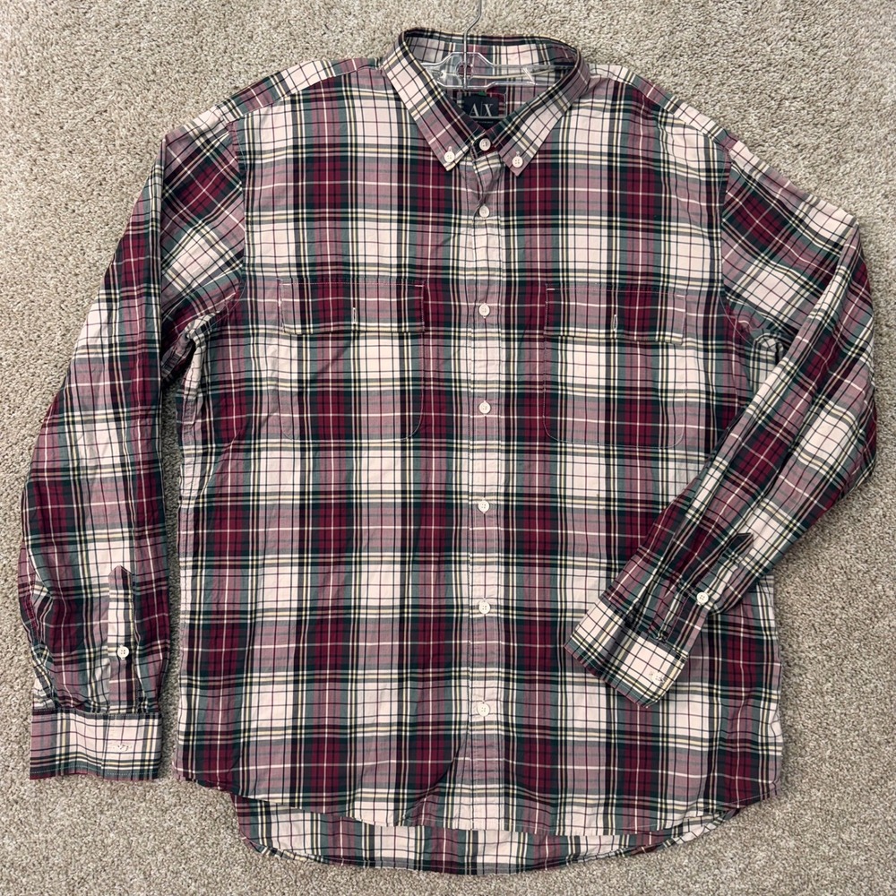 Armani Exchange Shirt Mens XXL Slim Fit Burgundy Plaid Button Down EUC